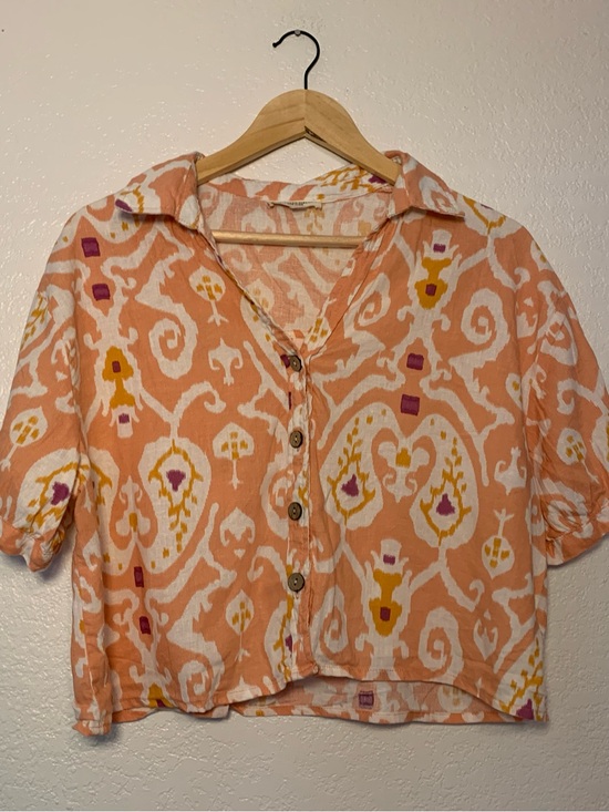 Christian Siriano Tops - Christian Siriano Linen Rayon Blend Peach White Short Sleeve Button-Down | L